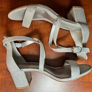 Women's Silver Glitter Ankle Strap Block Heel Sandals
